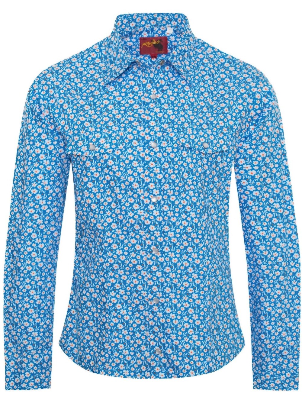 Women's Blue Floral Pearl Button-Down Shirt with Contrast Daisies
